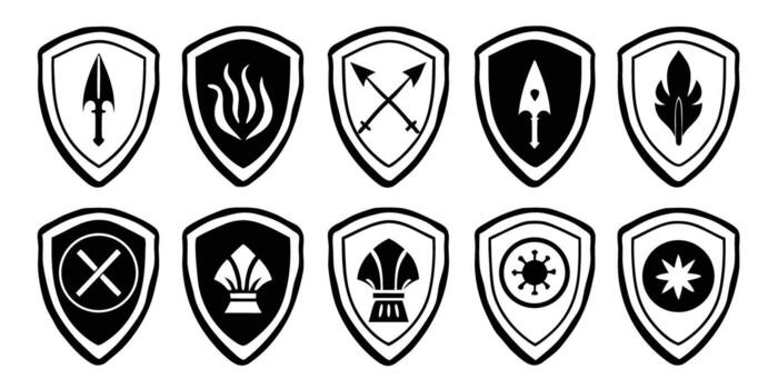 Collection of Black and White Shield Icons with Various Symbols on transparent background This image vector