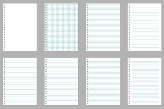 Set of assorted spiral notebook pages lined, squared, and blank. illustration vector