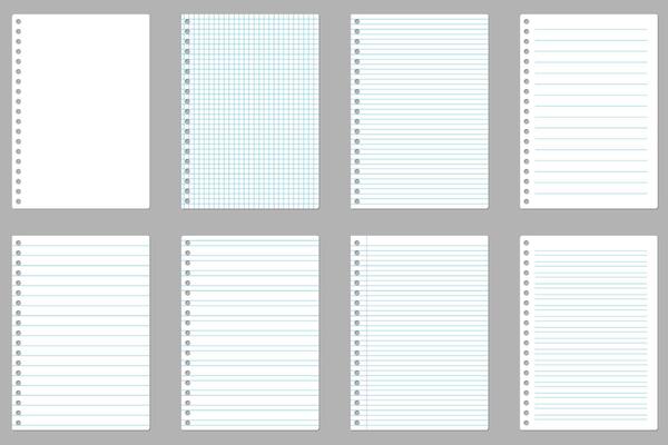 Set of assorted spiral notebook pages lined, squared, and blank. illustration