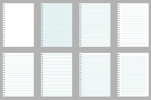 Set of assorted torn spiral notebook pages lined, squared, and blank vector