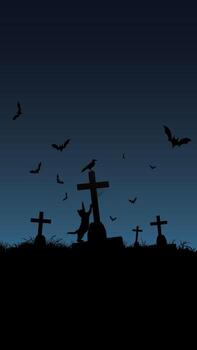 Silhouette cat tries to climb up and catch a crow that is perched on the top of the cross of a grave with night sky vertical background have blank space. vector