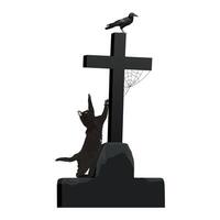Silhouette black cat tries to climb up and catch a crow that is perched on the top of the old cross of a grave which has spider webs clinging isolated on white background graphic illustration. vector