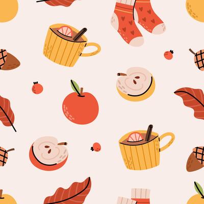 Autumn cozy elements seamless pattern. Cute autumn pattern with tea, apple, knitted socks, leaves. Flat design for wrapping paper, wallpaper, cover.