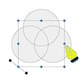 Graphic design process in RGB 2D onboarding ui illustration. Overlapping circles with nodes and bezier curves, pen tool cartoon concept isolated on white. Flat abstract metaphor vector