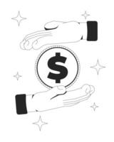 Payment processing line onboarding ui illustration. Hands exchanging dollar coin twinkles. Financial care, investment, savings protection outline 2D concept isolated. Ink linear metaphor art vector