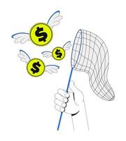 Catch discount 2D onboarding ui illustration. Catching flying dollar coins with net. Fleeting money. Gamified reward cashback cartoon concept isolated on white. Flat abstract metaphor vector