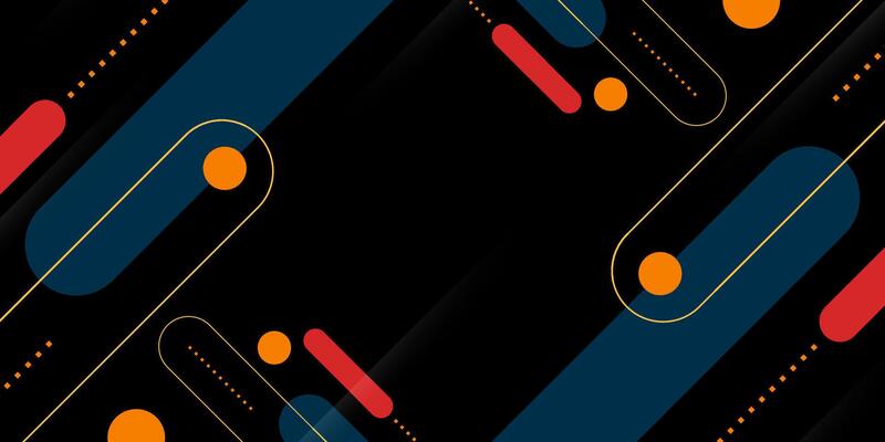 Abstract dark background with colorful blue, red, and orange geometric trendy shapes pattern design. Simple dark banner background.