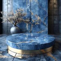 3d rendered blue podium for premium design portfolio and packaging visualization photo