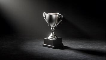 Trophy in Spotlight, A gleaming silver trophy, perched on a black base, stands majestically in a dramatic spotlight against a dark background. The image evokes feelings of success, achievement photo