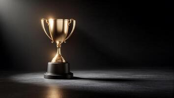 Trophy in spotlight, A meticulously captured golden trophy stands majestically, illuminated by a solitary spotlight against a somber, textured backdrop photo