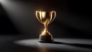 Golden trophy in spotlight, A meticulously captured golden trophy stands majestically, illuminated by a solitary spotlight against a somber photo