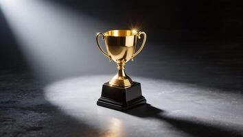 Golden trophy in spotlight, A meticulously captured golden trophy stands majestically, illuminated by a solitary spotlight against a somber, textured backdrop photo