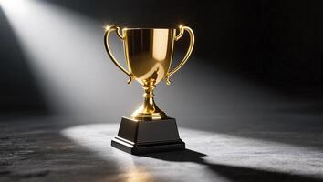Golden trophy in spotlight, A meticulously captured golden trophy stands majestically photo