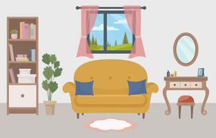 Cozy living room with mustard sofa, dressing table, bookshelf and green houseplant. Window with a beautiful summer landscape. Ideal for home decor, seasonal content and interior design. vector