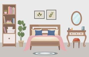 Warm bedroom with a comfortable bed, soft light lamp, dressing table, bookshelf and indoor plant. Interior concept. Ideal for websites, social media posts, blogs and interior design projects. vector