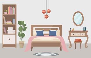 Warm and cozy bedroom with a comfortable bed, soft light lamp, dressing table, bookshelf and indoor plant. Interior concept. Ideal for websites, social media posts, blogs. vector