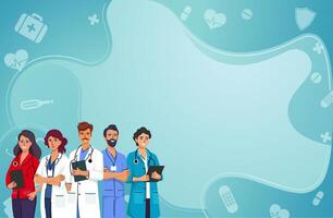 Healthcare banner flat design. With group of professional doctors. Characters with stethoscope. Web illustration for hospital and medical concept. vector
