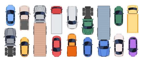 Top view of various cars and trucks vector