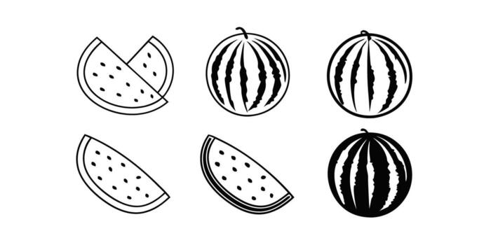Minimalist Watermelon Outline Illustrations Whole and Sliced Watermelons on Transparent Background This image features simple vector