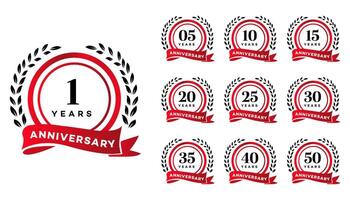 Red Anniversary Logos 1, 5, 10, 15, 20, 25, 30, 35, 40, 50 Years Graphics for Branding vector