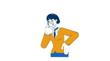 Glasses asian woman in formal attire with thoughtful pose 2D character doodle animation. HR thinking. Chinese female manager animated person on white background. Cartoon 4K drawing video