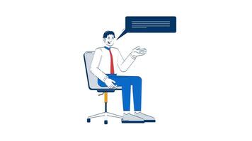 Corporate asian man talking while seated in office chair 2D character doodle animation. Smiling employee speaking with speech bubble animated person on white background. Cartoon 4K drawing video