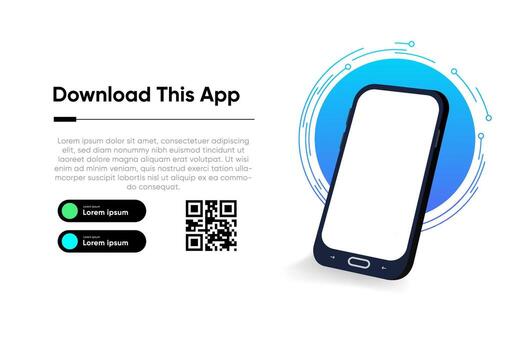 Isometric illustration of a smartphone with a blank screen and a QR code, perfect for app promotion and digital marketing materials. vector
