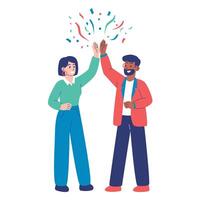 Happy Diverse Colleagues Giving High Five with Confetti Celebration, Teamwork, Achievement, and Office Success Concept in Flat Cartoon Style vector
