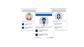 Job resume paper sheets with diverse candidates profiles 2D object doodle animation. Employee CVs. HR screening pages animated flat element isolated on white background. Cartoon 4K drawing video