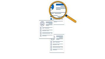 Candidate search with magnifying glass over resumes 2D object doodle animation. Recruitment loupe. Talent acquisition animated flat element isolated on white background. Cartoon 4K drawing video