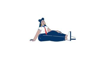 Confident curvy latina employee sitting casually on floor 2D character doodle animation. Relaxed office worker hispanic adult woman animated person on white background. Cartoon 4K drawing video
