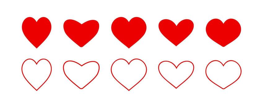 Set of red hearts icons in different shapes and outlines isolated on white background vector
