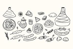 Moroccan cuisine doodle on isolated background. Banner with Arabic Food with tagine, stew, flatbread, chickpeas, fish, tea, nut, meat. Hand drawn illustration. Design for menu, card, print vector