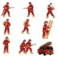 Firefighters in various action poses vector