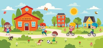 Children playing near a school and houses vector