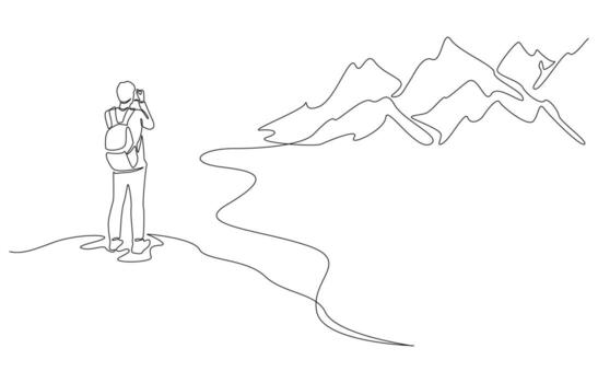 Continuous one line drawing of photographer capturing scenic view of distant mountains, tourist photographer concept, single line art. vector