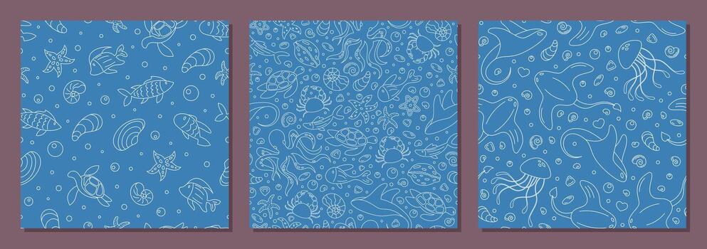 Seamless underwater marine pattern set in a flat style. Outline shapes of fish and aquatic life create a unique ocean and sea background. Perfect for marine projects such as textiles, wallpapers, vector