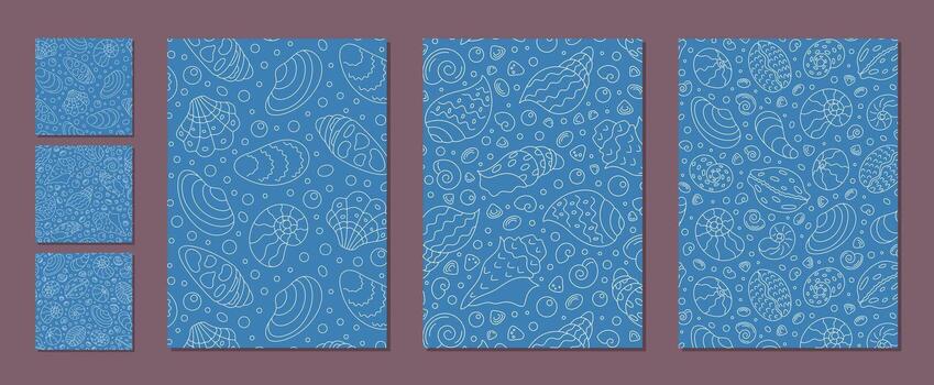 Seamless set of marine shells and underwater patterns with outline style pattern. Abstract ocean elements and doodle shell designs create a blue background. Perfect for aquatic themes, wallpaper, or vector