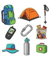 Camping gear collection including backpack and tent vector