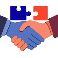 Handshake between business partners with puzzle pieces above, symbolizing cooperation, teamwork, agreement, and connection vector