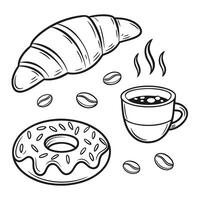 Morning pastry and coffee collection with croissant, donut, and steaming hot drink illustration vector