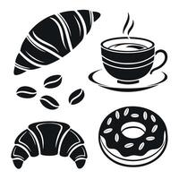 Silhouette breakfast set with croissant donut coffee and beans in bold black design vector
