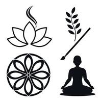 Flat Yoga and Meditation Icons. Mandala, Lotus, Incense, Leaf vector