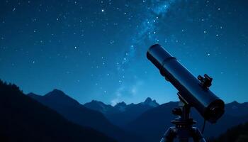 Shiny Telescope Pointing at Night Sky with Mountains and Stars photo
