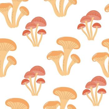 A square repeat flat design featuring isolated fall mushrooms on a white background. Perfect for seasonal projects, fabric, and digital design. vector