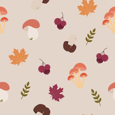 Seamless patterns with leaves, mushrooms and cozy autumn elements. Great for textile, wrapping paper, wallpaper, digital backgrounds, and surface design.