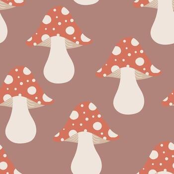 Seamless fly agaric pattern. Flat design with red amanita mushrooms. Autumn square repeat background for seasonal textile, wrapping paper, or surface design. vector