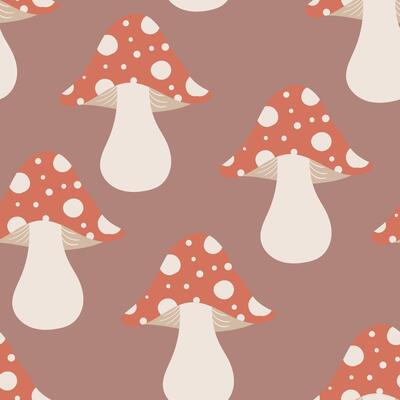 Seamless fly agaric pattern. Flat design with red amanita mushrooms. Autumn square repeat background for seasonal textile, wrapping paper, or surface design.
