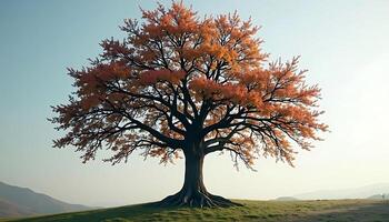 Solitary Tree with Autumn Color Leaves Standing in Field photo