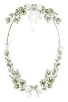 Circular botanical Wreath with watercolor Eucalyptus Branches and white ribbons. Illustration of vertical Template for wedding invitations, birth announcements, and Baby shower greeting cards. vector
